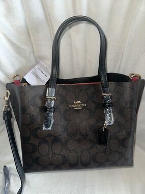 Coach Brown and Black Signature Canvas Tote with Gold Hardware